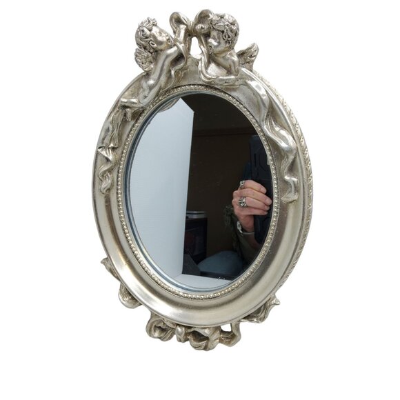 vintage silver tone cherub art nouveau inspired oval mirror - Picture 4 of 4